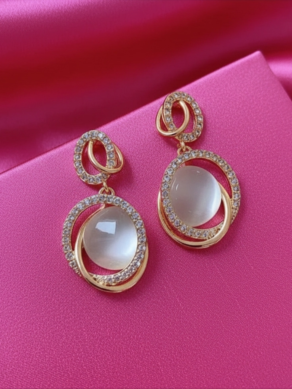 Circle Drop Earrings with Opalescent Moonstone -925 Silver Needle